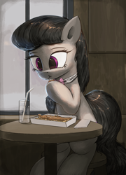 Size: 3000x4167 | Tagged: safe, artist:vultraz, imported from derpibooru, octavia melody, earth pony, pony, bowtie, cute, drinking straw, eating, female, fish and chips, food, glasses, hoof hold, mare, ponerpics import, sitting, solo, stool, straw, table, tavibetes