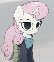 Size: 2000x2317 | Tagged: safe, artist:vultraz, imported from derpibooru, twinkleshine, pony, unicorn, baneposting, cia (batman), clothes, female, frown, horn, looking at you, mare, solo