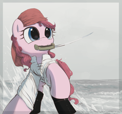 Size: 3000x2799 | Tagged: safe, artist:vultraz, imported from derpibooru, pinkie pie, earth pony, pony, boots, clothes, cutlass, female, mare, mouth hold, ocean, pinktober, pirate, raised hoof, shoes, solo, sword, water, weapon