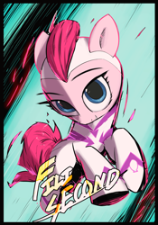 Size: 2428x3472 | Tagged: safe, artist:vultraz, imported from derpibooru, fili-second, pinkie pie, earth pony, pony, abstract background, clothes, female, grin, high res, jumping, looking at you, mare, pinktober, power ponies, smiling, smiling at you, solo, text