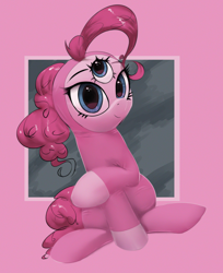 Size: 2500x3071 | Tagged: safe, artist:vultraz, imported from derpibooru, pinkie pie, earth pony, pony, abstract background, bodysuit, clothes, female, looking at you, mare, pink guy, pinktober, raised hoof, sitting, solo, third eye, wat