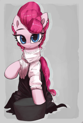 Size: 3000x4442 | Tagged: safe, artist:vultraz, imported from derpibooru, pinkie pie, earth pony, pony, abstract background, alternate hairstyle, clothes, dress, ear piercing, earring, female, gibson girl, jewelry, leaning, looking at you, mare, piercing, pinktober, raised hoof, smiling, solo