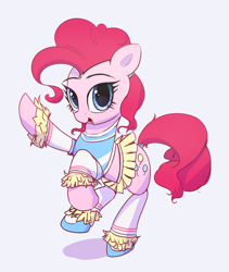 Size: 2500x2963 | Tagged: safe, artist:vultraz, imported from derpibooru, pinkie pie, earth pony, pony, alternate hairstyle, cheerleader, cheerleader outfit, clothes, female, looking at you, mare, open mouth, pinktober, raised hoof, simple background, skirt, solo