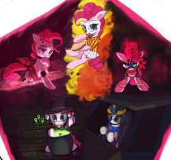 Size: 4000x3723 | Tagged: safe, artist:vultraz, imported from derpibooru, pinkie pie, earth pony, pony, succubus, abstract background, bedroom eyes, bowtie, candy, cauldron, clothes, clown, clown makeup, clown nose, costume, demon horns, demon wings, driving, female, food, hat, horns, lollipop, looking at you, mare, new conglomerate, pie, pinktober, planetside 2, red nose, shirt, skirt, smiling, wings, witch, witch hat, wrestler