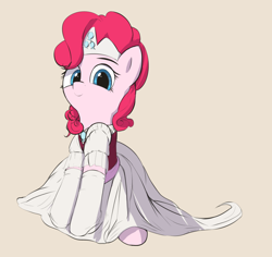 Size: 3600x3399 | Tagged: safe, artist:vultraz, imported from derpibooru, pinkie pie, earth pony, pony, clothes, dress, female, jewelry, looking at you, mare, princess, simple background, sitting, smiling, socks, tiara, white socks