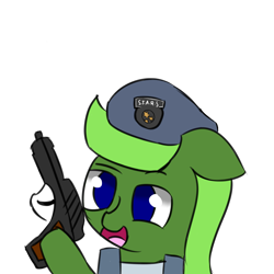 Size: 5000x5000 | Tagged: safe, artist:houndy, imported from derpibooru, oc, oc only, oc:mosskin, clothes, costume, cute, gun, halloween, halloween costume, handgun, nightmare night, pistol, png, resident evil, simple background, solo, stars(resident evil), transparent background, weapon