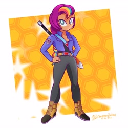 Size: 4096x4096 | Tagged: safe, artist:theratedrshimmer, imported from derpibooru, sunny starscout, human, equestria girls, boots, clothes, cosplay, costume, dragon ball, dragon ball z, equestria girls-ified, future trunks, g5, g5 to equestria girls, generation leap, gloves, motorcross, orange background, outline, passepartout, shoes, simple background, solo, sword, trunks (dragon ball), trunks' sword, weapon, white background