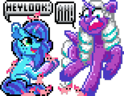 Size: 616x480 | Tagged: safe, artist:cupute, imported from derpibooru, opaline arcana, pinkie pie, alicorn, pony, unicorn, too many pinkie pies, spoiler:g5, spoiler:my little pony: make your mark, cute, g5, micro, misty brightdawn, pixel art, ponk, screaming, simple background, speech bubble, terrified, tiny, tiny ponies, transparent background