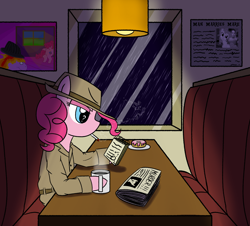 Size: 2500x2260 | Tagged: safe, artist:legendoflink, imported from derpibooru, pinkie pie, earth pony, pony, clothes, coffee, coffee mug, detective, diner, donut, food, hat, mug, newspaper, question mark, rain, sitting, smoking, solo, wingding eyes