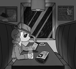 Size: 2500x2260 | Tagged: safe, alternate version, artist:legendoflink, imported from derpibooru, pinkie pie, earth pony, black and white, clothes, detective, diner, donut, female, food, grayscale, mare, monochrome, newspaper, noir, pinktober, rain, reading, sitting, smoking, solo