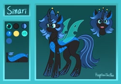 Size: 2213x1536 | Tagged: safe, artist:hayovertheblue, imported from derpibooru, oc, oc:sinari, changeling, changeling queen, blue changeling, female, happy, looking at you, open mouth, open smile, reference, reference sheet, smiling, spread wings, wings