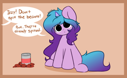 Size: 5546x3417 | Tagged: safe, artist:kittyrosie, imported from derpibooru, izzy moonbow, pony, unicorn, :<, beans, cans, cute, female, food, g5, implied sunny starscout, izzy's beans, izzybetes, literal, mare, sitting, solo, speech bubble, spilled, wide eyes