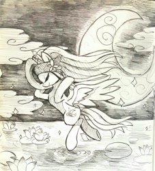 Size: 1065x1174 | Tagged: safe, artist:life_inazuma, imported from derpibooru, oc, oc only, pegasus, pony, crescent moon, female, flower, lotus (flower), mare, monochrome, moon, night, solo, traditional art, water