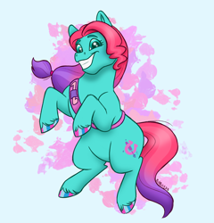 Size: 2536x2645 | Tagged: safe, artist:bella-pink-savage, imported from derpibooru, earth pony, pony, abstract background, bipedal, female, g5, hoof polish, jazz hooves, mare, smiling, solo