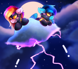 Size: 4096x3600 | Tagged: safe, artist:legionsunite, imported from derpibooru, oc, oc only, oc:shy-fly, oc:velvet volt, pegasus, pony, bodysuit, clothes, cloud, costume, duo, exclamation point, grin, lightning, on a cloud, shadowbolts, shadowbolts costume, smiling, smirk