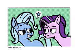 Size: 2255x1611 | Tagged: safe, artist:horsewizardart, imported from derpibooru, starlight glimmer, trixie, pony, unicorn, female, frown, grin, lesbian, lidded eyes, looking at each other, looking at someone, mare, shipping, smiling, smiling at each other, starlight glimmer is not amused, startrix, unamused