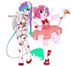 Size: 1130x1048 | Tagged: safe, artist:melodylibris, imported from derpibooru, oc, oc only, oc:lony, oc:melody (melodylibris), anthro, bat pony, unguligrade anthro, unicorn, bat pony oc, blood, braid, cardcaptor sakura, cherry blossoms, clothes, cosplay, costume, dress, duo, female, flower, flower blossom, frilly dress, halloween, halloween costume, leonine tail, looking at you, mare, nurse outfit, open mouth, open smile, sakura kinomoto, scalpel, silent hill, simple background, smiling, smiling at you, socks, sparkle, standing, standing on one leg, stockings, tail, thigh highs, wand, white background