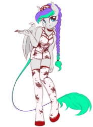 Size: 777x1054 | Tagged: safe, artist:melodylibris, imported from derpibooru, oc, oc only, oc:lony, anthro, unguligrade anthro, blood, braid, clothes, costume, female, halloween, halloween costume, looking at you, mare, nurse outfit, scalpel, silent hill, simple background, smiling, smiling at you, solo, stockings, thigh highs, white background