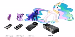 Size: 4000x1993 | Tagged: safe, artist:alumx, edit, edited screencap, imported from derpibooru, screencap, pipp petals, princess celestia, princess luna, twilight sparkle, alicorn, pegasus, pony, female, g4, g5, graphics card, mare, meme, nvidia, pipp is short, simple background, size difference, twilight sparkle (alicorn), white background