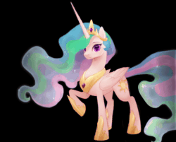 Size: 2100x1690 | Tagged: safe, artist:equum_amici, artist:kodabomb, derpibooru exclusive, imported from derpibooru, princess celestia, alicorn, pony, absurd file size, animated, black background, crown, ethereal mane, eyebrows, female, flowing mane, jewelry, majestic, mare, multicolored mane, multicolored tail, no sound, praise the sun, raised hoof, raised leg, regalia, simple background, smiling, solo, tail, webm