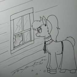 Size: 2236x2236 | Tagged: safe, artist:pony quarantine, imported from derpibooru, oc, oc only, oc:bo, earth pony, pony, broken window, clothes, dress, female, freckles, grayscale, looking at something, mare, monochrome, solo, traditional art, window