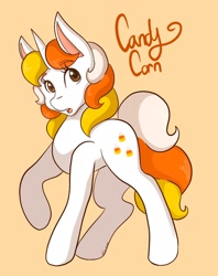 Size: 1300x1640 | Tagged: safe, artist:mscolorsplash, imported from derpibooru, oc, oc only, oc:candy corn, pony, unicorn, female, mare, open mouth, orange background, raised hoof, simple background, solo