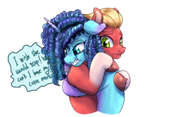 Size: 1800x1200 | Tagged: safe, artist:redahfuhrerking, imported from derpibooru, sprout cloverleaf, earth pony, pony, unicorn, colored, comforting, crying, female, floppy ears, g5, hug, implied opaline arcana, male, mare, misty brightdawn, mistyclover, shipping, simple background, stallion, straight, text, transparent background, unshorn fetlocks