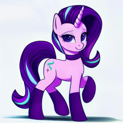 Size: 1024x1024 | Tagged: safe, imported from derpibooru, starlight glimmer, pony, unicorn, ai content, ai generated, choker, clothes, female, g4, generator:pony diffusion v1, generator:stable diffusion, lidded eyes, looking at you, mare, prompter:siber, raised leg, smiling, smiling at you, socks, solo