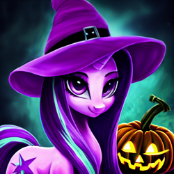 Size: 1024x1024 | Tagged: safe, imported from derpibooru, starlight glimmer, pony, unicorn, ai content, ai generated, female, generator:pony diffusion v1, generator:stable diffusion, halloween, hat, holiday, looking at you, mare, prompter:siber, pumpkin, smiling, smiling at you, solo, witch hat