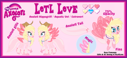 Size: 5000x2300 | Tagged: safe, imported from derpibooru, oc, oc only, oc:lotl love, axolotl, hippogriff, cute, reference sheet, solo, starry eyes, wingding eyes