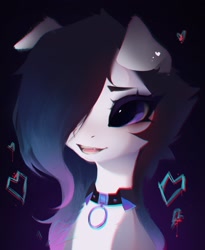 Size: 1771x2164 | Tagged: safe, artist:_gassfra, imported from derpibooru, oc, oc only, pony, bust, collar, eyelashes, female, floppy ears, heart, open mouth, purple eyes, solo, white fur