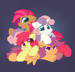 Size: 2300x2200 | Tagged: safe, artist:mirtash, imported from derpibooru, apple bloom, babs seed, scootaloo, sweetie belle, earth pony, pegasus, pony, unicorn, adorababs, adorabloom, cheek fluff, cousins, cuddle puddle, cuddling, cute, cutealoo, cutie mark crusaders, diasweetes, ear fluff, eye clipping through hair, female, filly, foal, freckles, g4, gradient background, grumpy, high res, lying down, open mouth, pony pile, pouting, prone, scootaloo is not amused, smiling, spread wings, unamused, wings