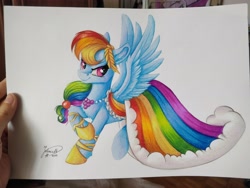 Size: 4608x3456 | Tagged: safe, artist:julunis14, imported from derpibooru, rainbow dash, pegasus, pony, clothes, colored pencil drawing, dress, gala dress, photo, redraw, signature, smiling, smirk, solo, spread wings, traditional art, wings
