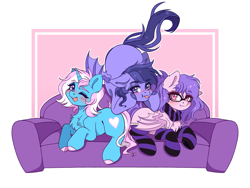 Size: 3683x2774 | Tagged: safe, artist:bizarre_pony, imported from derpibooru, oc, oc:gentle heart, oc:lavender, bat pony, pegasus, unicorn, clothes, commission, couch, friends, simple background, socks, striped socks, white background