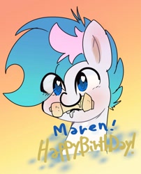 Size: 808x1000 | Tagged: safe, artist:doubt, imported from derpibooru, oc, oc only, oc:blue chewings, earth pony, pony, birthday, bust, chew toy, eye clipping through hair, gradient background, heart, heart eyes, portrait, solo, wingding eyes