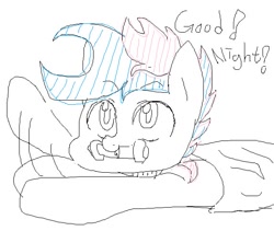 Size: 573x483 | Tagged: safe, artist:maren, imported from derpibooru, oc, oc only, oc:blue chewings, earth pony, pony, 2017, blanket, dialogue, doodle, good night, lying down, old art, prone, solo, waving