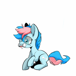 Size: 2560x2560 | Tagged: safe, artist:goldenrainynight, imported from derpibooru, oc, oc only, oc:blue chewings, earth pony, pony, chew toy, one eye closed, raised hoof, simple background, sitting, solo, tongue out, white background