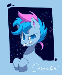 Size: 1400x1700 | Tagged: artist needed, safe, imported from derpibooru, oc, oc only, oc:blue chewings, earth pony, pony, bust, dialogue, dreamworks face, leaning, solo