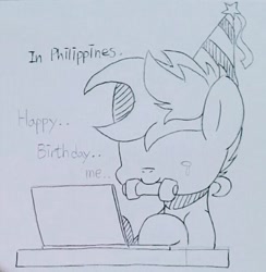 Size: 642x658 | Tagged: safe, artist:maren, imported from derpibooru, oc, oc only, oc:blue chewings, earth pony, pony, 2018, birthday, bust, computer, crying, dialogue, hat, laptop computer, no eyes, old art, party hat, smiling, solo, traditional art