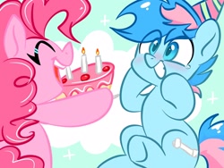 Size: 2048x1536 | Tagged: safe, artist:oofycolorful, imported from derpibooru, pinkie pie, oc, oc:blue chewings, earth pony, pony, birthday, birthday cake, cake, crying, eye clipping through hair, food, g4, grin, hat, hooves on cheeks, party hat, sitting, smiling, tears of joy