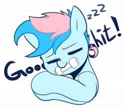 Size: 2450x2122 | Tagged: safe, artist:maren, imported from derpibooru, oc, oc only, oc:blue chewings, earth pony, pony, 2019, bust, chew toy, high res, old art, onomatopoeia, simple background, sleeping, solo, sound effects, white background, zzz