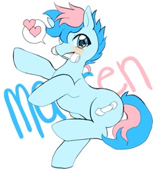 Size: 847x944 | Tagged: safe, artist:plushcharm, imported from derpibooru, oc, oc only, oc:blue chewings, earth pony, pony, blushing, cute, heart, heart eyes, one eye closed, simple background, solo, spoken heart, standing, standing on one leg, white background, wingding eyes