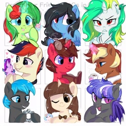 Size: 2048x2048 | Tagged: safe, artist:oofycolorful, imported from derpibooru, starlight glimmer, oc, oc:city roast, oc:draconidsmxz, oc:hungry flower, oc:oofy colorful, oc:quiet cogwheel, oc:red, oc:sea shadow, oc:sue, bat pony, earth pony, pegasus, pony, unicorn, annoyed, book, bowtie, bust, coffee, cog, female, heterochromia, male, mare, plushie, stallion