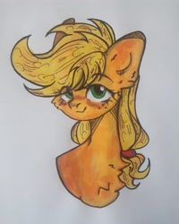 Size: 3963x4952 | Tagged: safe, artist:starkey, imported from derpibooru, applejack, earth pony, pony, braid, braided tail, bust, chest fluff, female, freckles, mare, signature, smiling, solo, tail, traditional art, woman