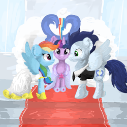 Size: 1000x1000 | Tagged: safe, artist:celedash, imported from derpibooru, rainbow dash, soarin', twilight sparkle, alicorn, pegasus, clothes, dress, female, male, marriage, shipping, smiling, soarindash, straight, wedding, wedding dress