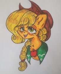 Size: 2980x3594 | Tagged: safe, artist:starkey, imported from derpibooru, applejack, pony, bust, chest fluff, ear fluff, female, freckles, mare, pigtails, smiling, solo, traditional art