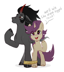 Size: 2460x2764 | Tagged: safe, artist:taneysha, imported from derpibooru, king sombra, oc, oc:lavrushka, pony, unicorn, curved horn, dialogue, female, horn, male, mare, open mouth, rope, simple background, sparkly eyes, stallion, white background