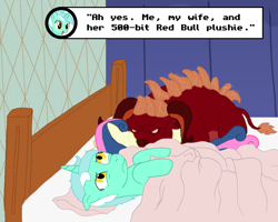 Size: 1024x818 | Tagged: safe, artist:hakar-kerarmor, imported from derpibooru, bon bon, lyra heartstrings, sweetie drops, earth pony, pony, unicorn, ah yes me my girlfriend and her x, bed, female, lesbian, lyrabon, meme, plushie, shipping, sleeping, the last unicorn, the red bull