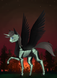 Size: 2200x3000 | Tagged: safe, artist:stray prey, imported from derpibooru, oc, oc only, alicorn, pony, alicorn oc, bone, horn, male, raised hoof, skeleton, solo, spread wings, stallion, wings