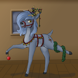 Size: 2200x2200 | Tagged: safe, artist:stray prey, imported from derpibooru, oc, oc only, oc:panne, deer, reindeer, bauble, bridle, christmas, christmas lights, harness, holiday, jingle bells, open mouth, open smile, reindeerified, smiling, solo, species swap, standing on two hooves, tack, tinsel
